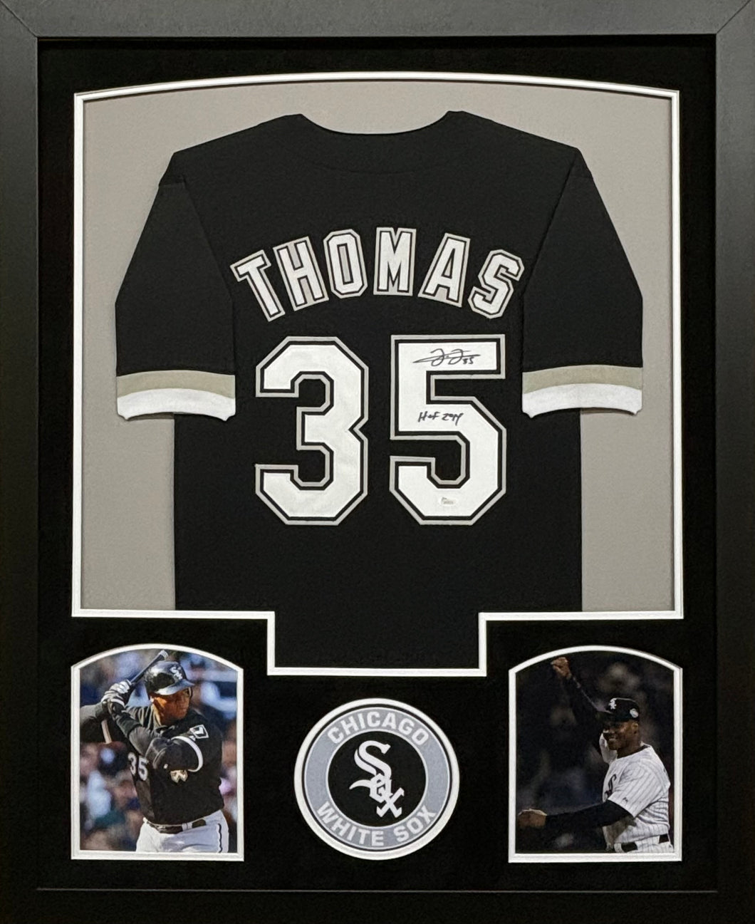 Chicago White Sox Frank Thomas Hand Signed Autographed Custom Black Jersey with HOF 2014 Inscription Framed & Suede Matted JSA COA