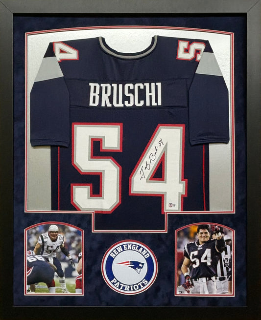 New England Patriots Tedy Bruschi Hand Signed Autographed Navy Jersey Framed & Suede Matted BECKETT COA
