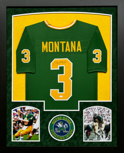 University of Notre Dame Fighting Irish Joe Montana Hand Signed Autographed Custom Green Jersey Framed & Double Suede Matted JSA COA