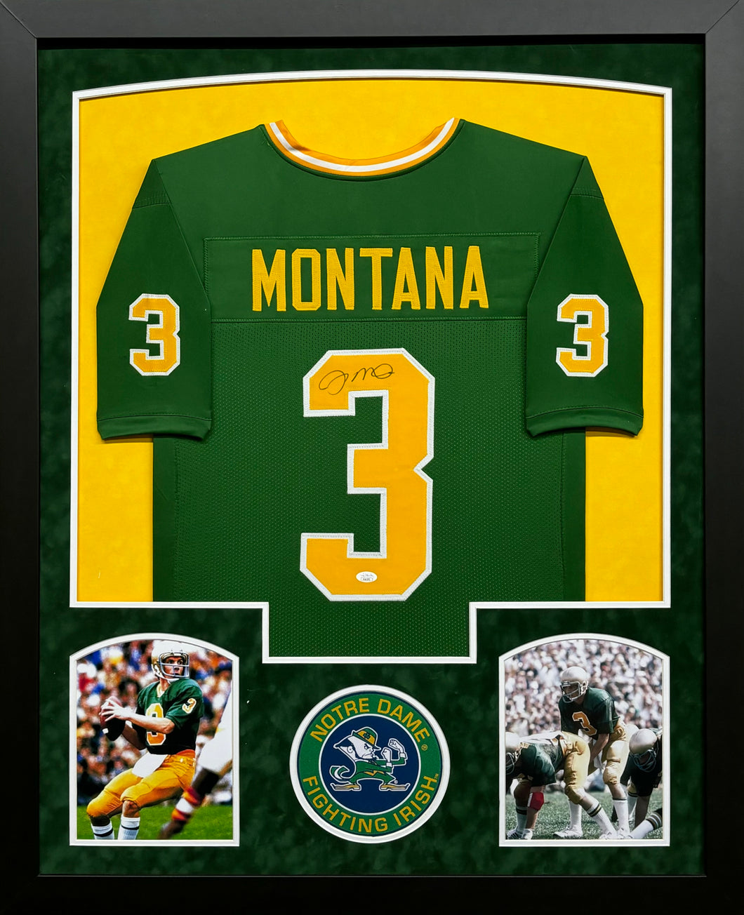 University of Notre Dame Fighting Irish Joe Montana Hand Signed Autographed Custom Green Jersey Framed & Double Suede Matted JSA COA