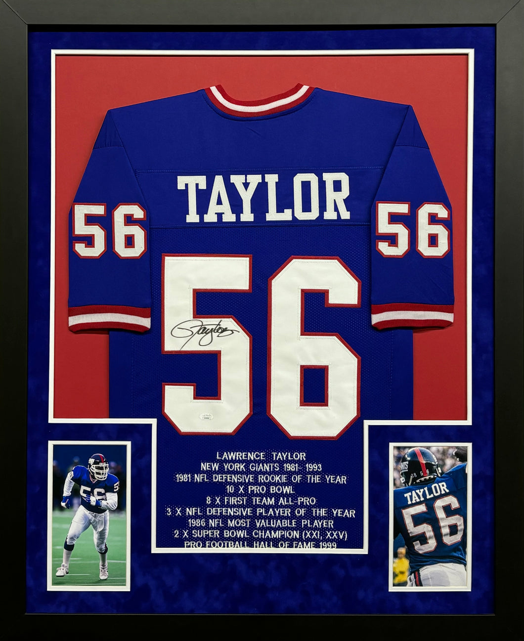 New York Giants Lawrence Taylor Hand Signed Autographed Custom Blue Stat Jersey Framed & Suede Matted JSA COA