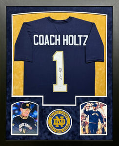 University of Notre Dame Fighting Irish Lou Holtz Hand Signed Autographed Custom Blue Jersey Framed & Double Suede Matted with JSA COA