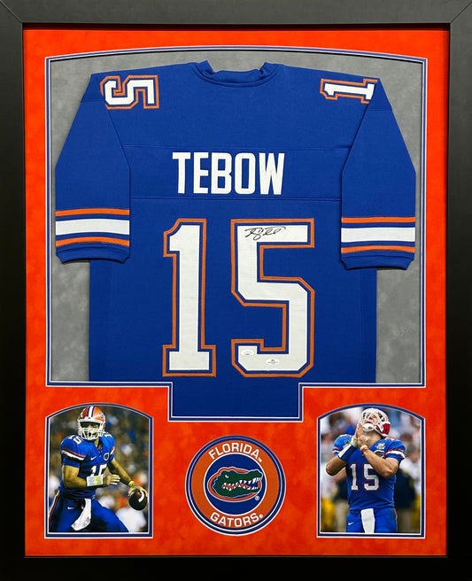 University of Florida Gators Tim Tebow Hand Signed Autographed Custom Blue Jersey Framed & Double Suede Matted with JSA COA
