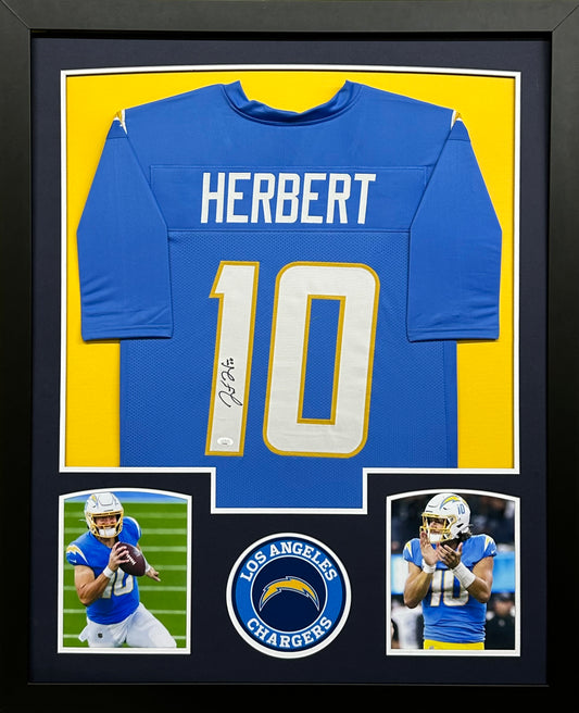 Los Angeles Chargers Justin Herbert Hand Signed Autographed Custom Blue Jersey Framed & Matted with JSA COA