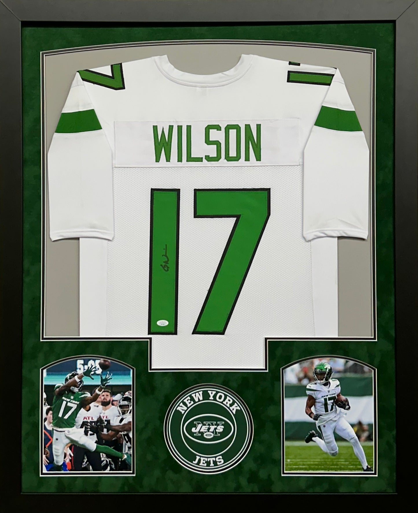 New York Jets Garrett Wilson Hand Signed Autographed Custom White Jersey Framed & Suede Matted with JSA COA