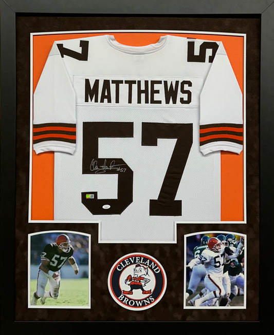 Cleveland Browns Clay Matthews Hand Signed Autographed Custom White Jersey Framed & Suede Matted JSA COA