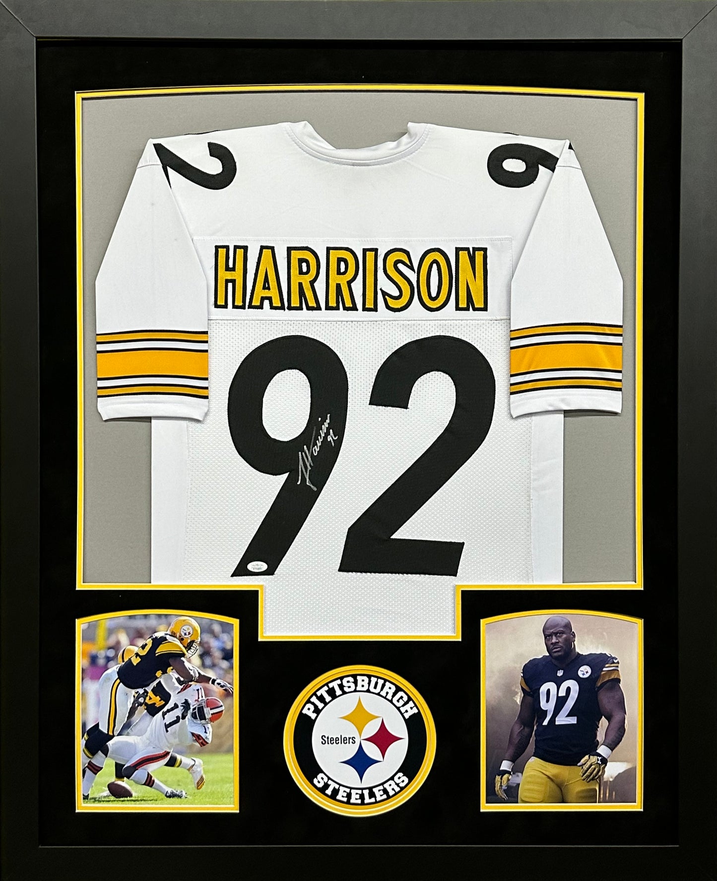 Pittsburgh Steelers James Harrison Hand Signed Autographed White Jersey Framed & Suede Matted JSA COA