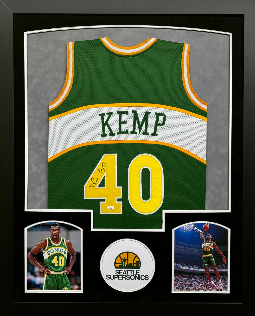 Seattle Supersonics Shawn Kemp Hand Signed Autographed Custom Green Jersey Framed & Double Suede Matted JSA COA