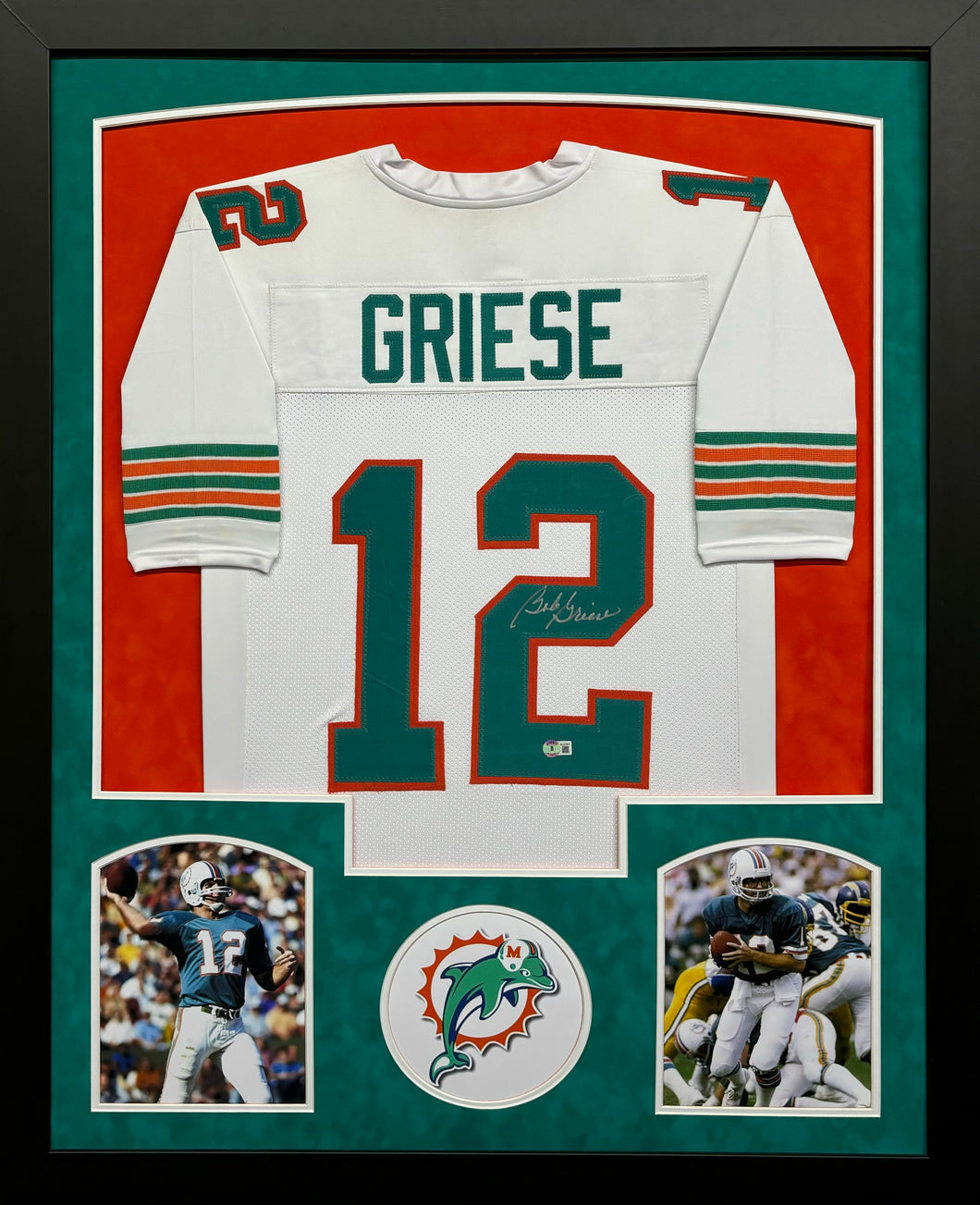 Miami Dolphins Bob Griese Hand Signed Autographed Custom White Jersey Framed & Double Suede Matted BECKETT COA