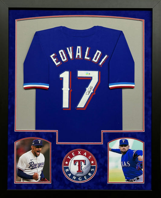 Texas Rangers Nathan Eovaldi Hand Signed Autographed Custom Blue Jersey Framed & Suede Matted BECKETT COA