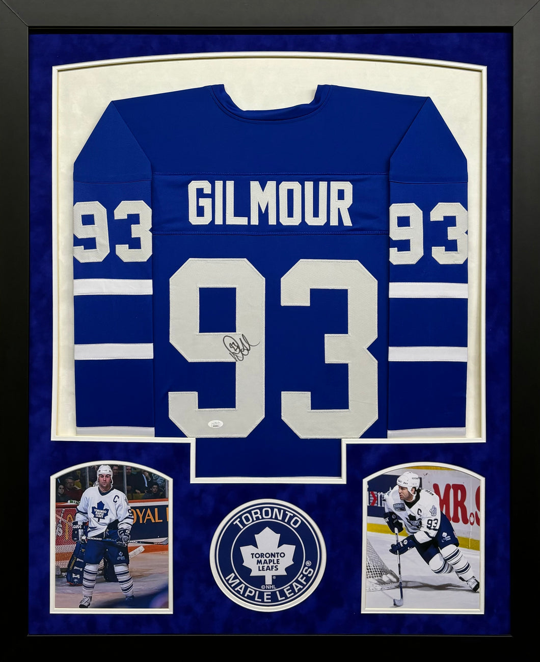 Toronto Maple Leafs Doug Gilmour Hand Signed Autographed Custom Blue Jersey Framed & Double Suede Matted JSA COA