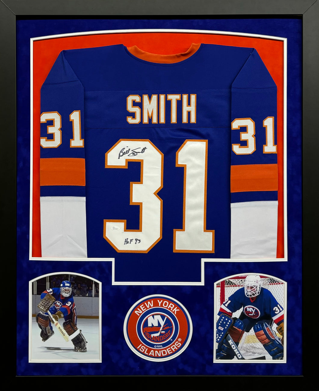 New York Islanders Billy Smith Hand Signed Autographed Custom Blue Jersey with HOF 93 Inscription Framed & Double Suede Matted with JSA COA