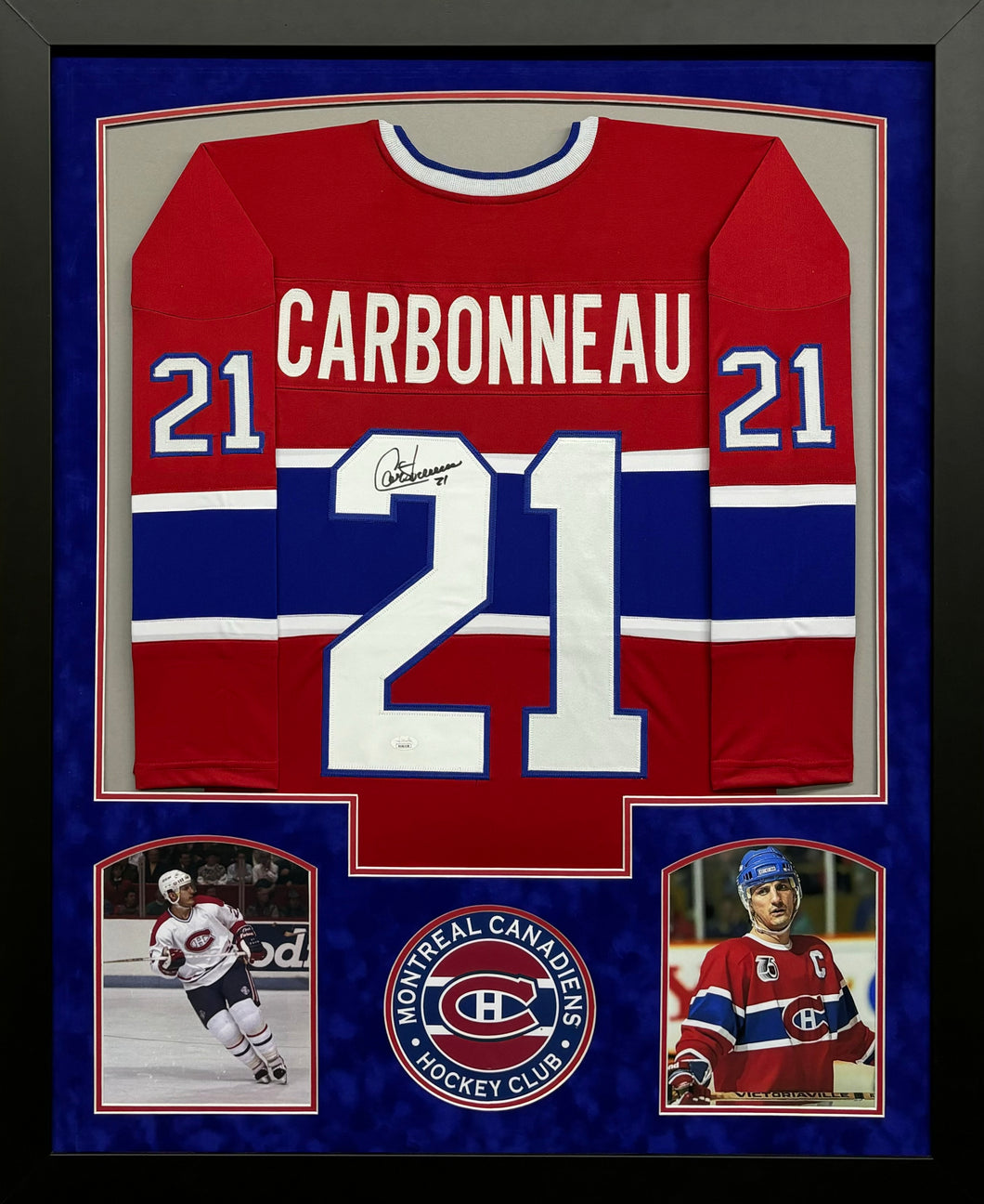 Montreal Canadiens Guy Carbonneau Hand Signed Autographed Custom Red Jersey Framed & Suede Matted JSA COA