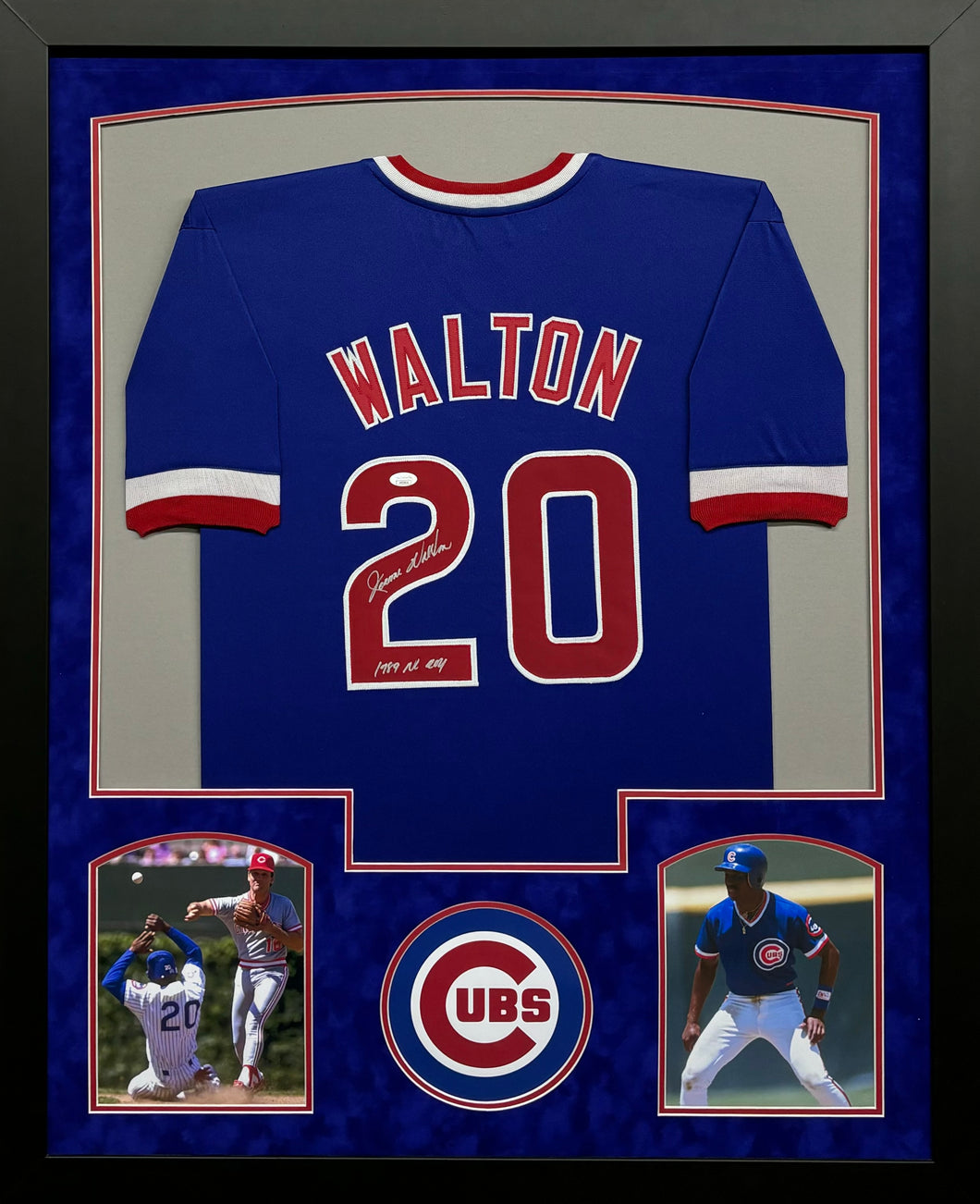 Chicago Cubs Jerome Walton Hand Signed Autographed Custom Blue Jersey with 1989 NL ROY Inscription Framed & Suede Matted JSA COA