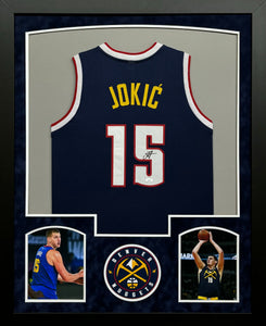 Denver Nuggets Nikola Jokic Hand Signed Autographed Custom Navy Jersey Framed & Suede Matted JSA COA