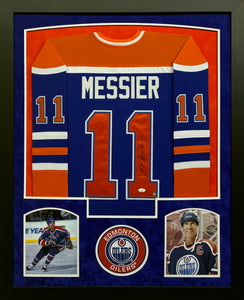 Edmonton Oilers Mark Messier Hand Signed Autographed Custom Blue Jersey Framed & Double Suede Matted JSA COA