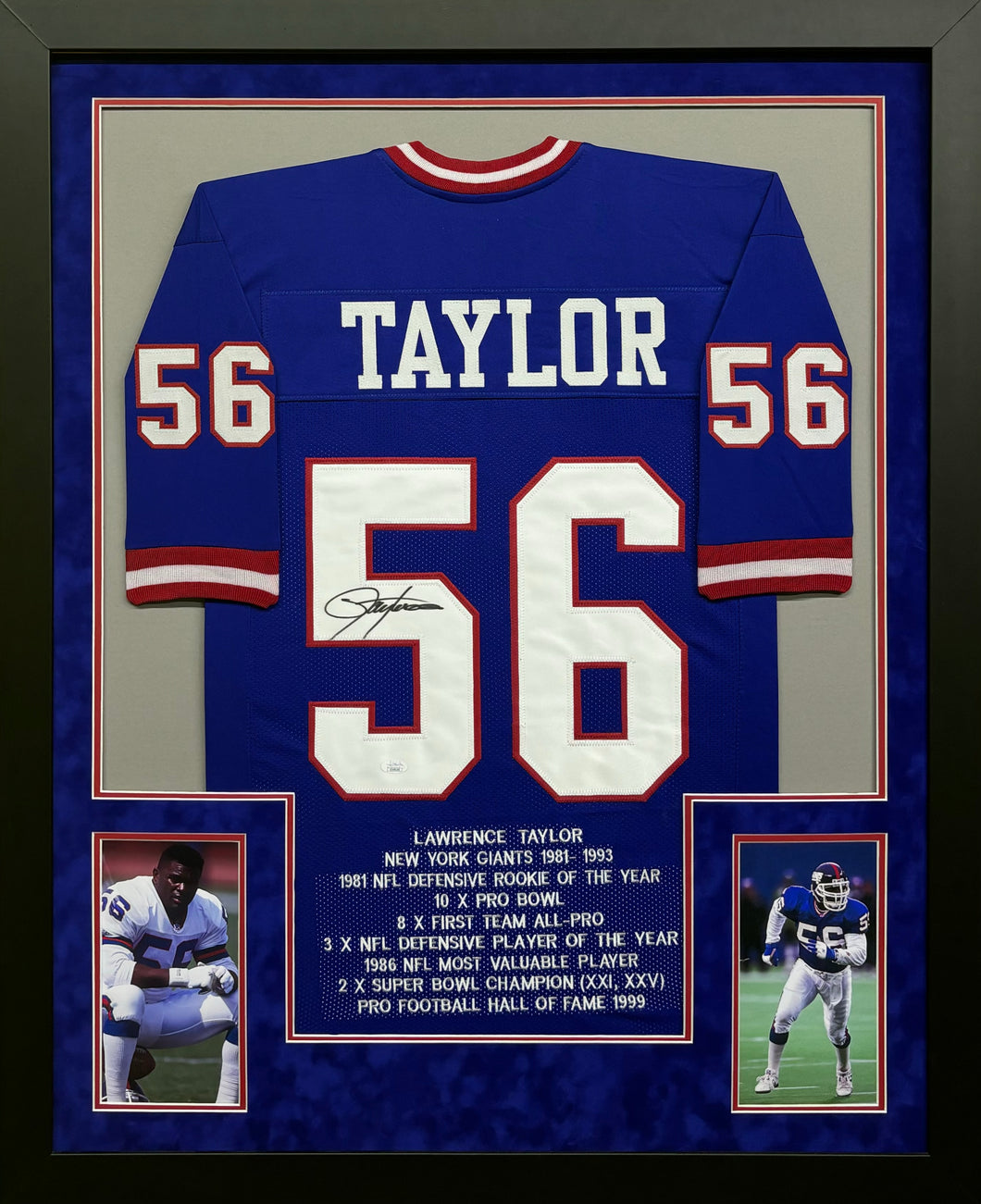 New York Giants Lawrence Taylor Hand Signed Autographed Custom Blue Stat Jersey Framed & Suede Matted JSA COA