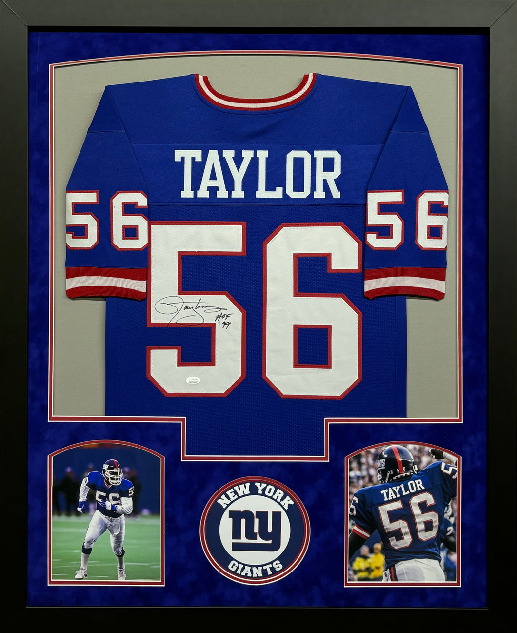 New York Giants Lawrence Taylor Hand Signed Autographed Custom Blue Jersey Framed & Sued Matted with JSA COA