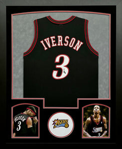 Philadelphia 76ers Allen Iverson Hand Signed Autographed Custom Black Jersey Framed & Suede Matted with JSA COA