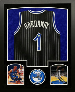 Orlando Magic Penny Hardaway Hand Signed Autographed Custom Black Pin Striped Jersey Framed & Double Suede Matted with Beckett COA