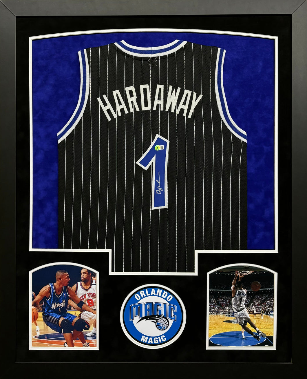 Orlando Magic Penny Hardaway Hand Signed Autographed Custom Black Pin Striped Jersey Framed & Double Suede Matted with Beckett COA