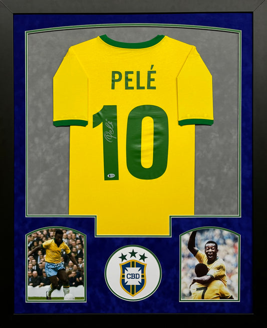 Brazil CBD Soccer Club Pele Hand Signed Autographed Custom Yellow Jersey Framed & Double Suede Matted with Beckett COA