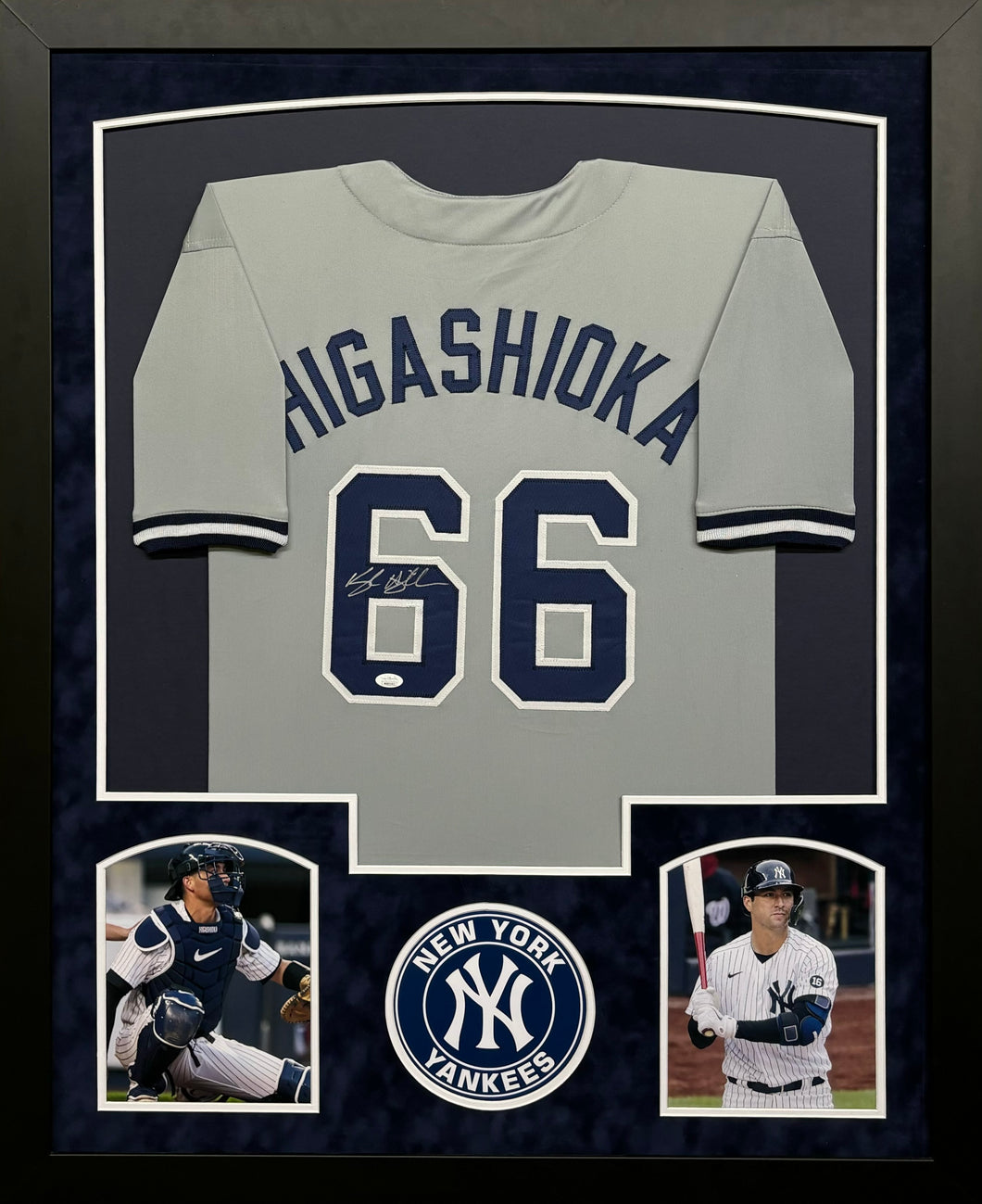 New York Yankees Kyle Higashioka Hand Signed Autographed Custom Gray Jersey Framed & Suede Matted with JSA COA