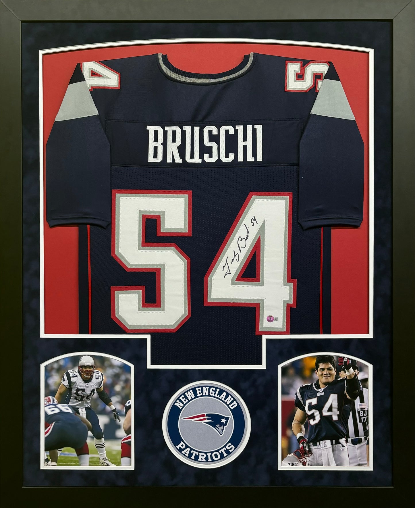 New England Patriots Teddy Bruschi Hand Signed Autographed Custom Blue Jersey Framed & Suede Matted with Beckett COA