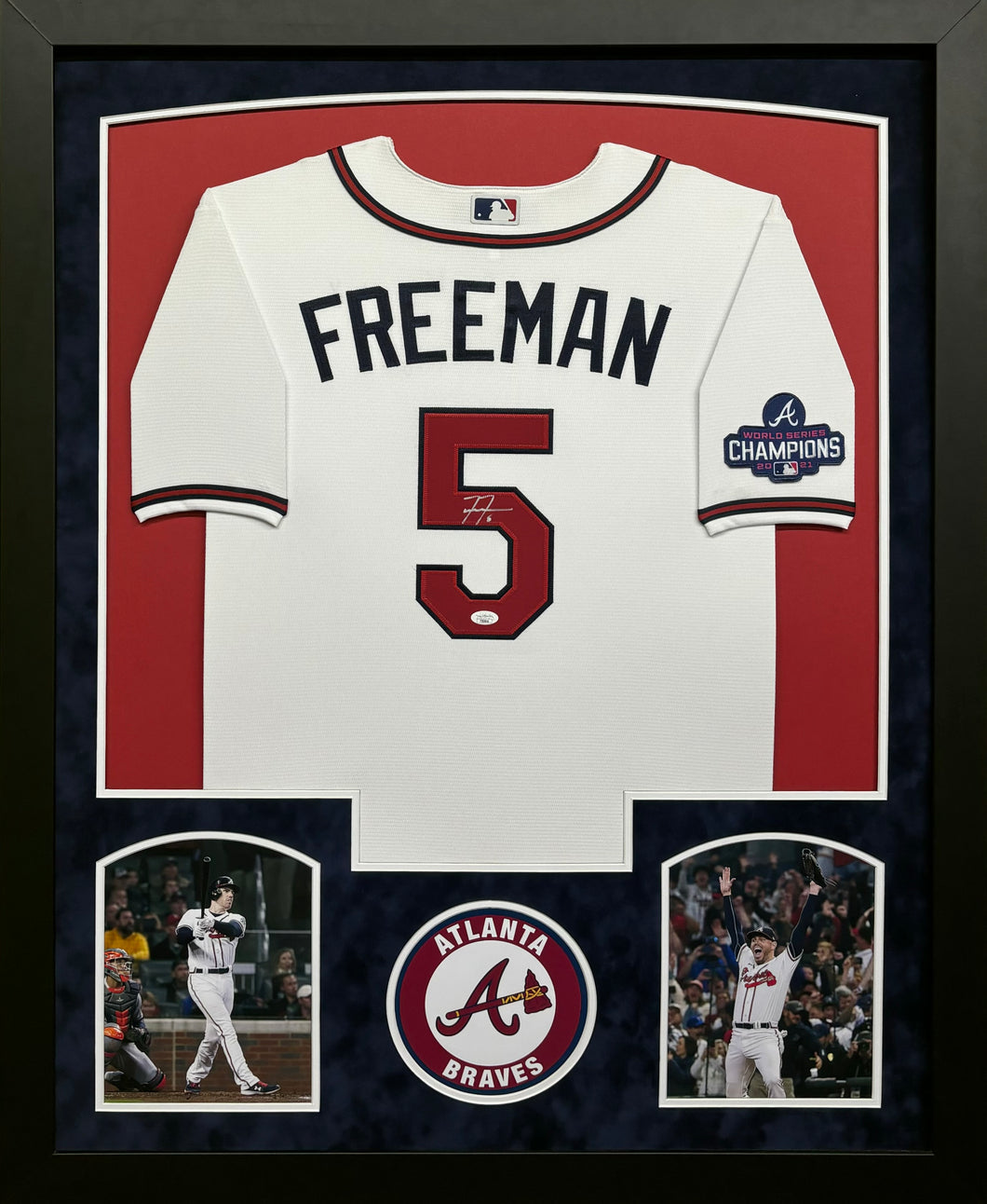 Atlanta Braves Freddie Freeman Hand Signed Autographed Custom White Jersey Framed & Suede Matted with JSA COA