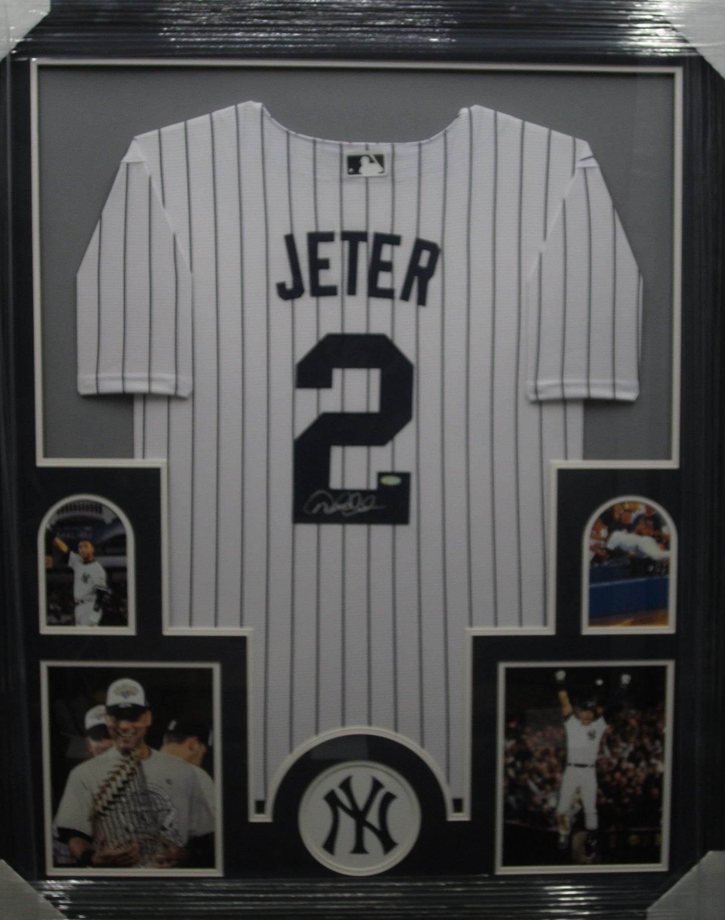 New York Yankees Derek Jeter Hand Signed Autographed Authentic Pin Striped Jersey Framed & Matted with STEINER COA