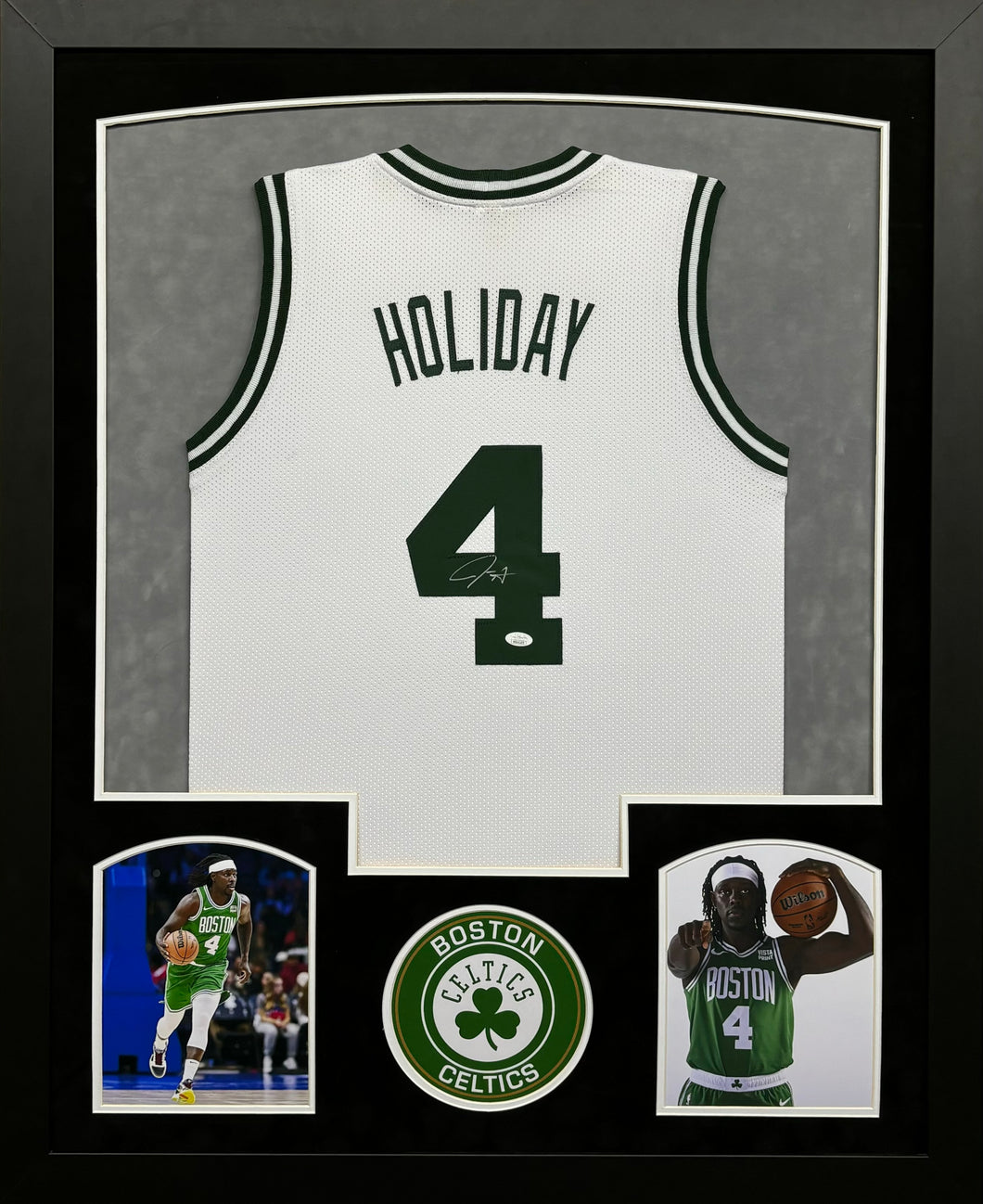 Boston Celtics Jrue Holiday Hand Signed Autographed Custom White Jersey Framed & Double Suede Matted with JSA COA