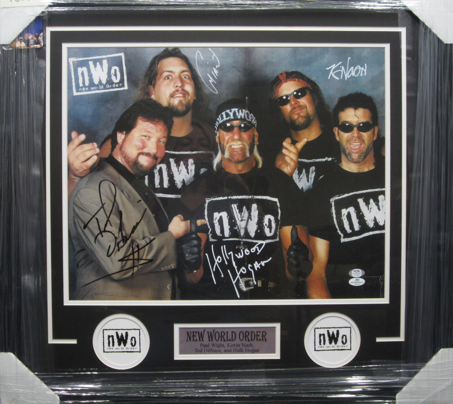 New World Order Paul Wight, Kevin Nash, Ted DiBiase, & Hulk Hogan Quad Hand Signed Autographed 16x20 Photo Custom Framed & Matted with PSA COA
