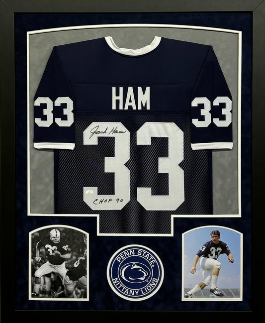 The Penn State Nittany Lions Jack Ham Hand Signed Autographed Custom Blue Jersey with HOF 90 Inscription Framed & Double Suede Matted with JSA COA