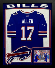 Load image into Gallery viewer, Buffalo Bills Josh Allen Hand Signed Autographed Blue Jersey Framed &amp; Double Suede Matted with XL 3D Logo &amp; Team Name Cutout BECKETT COA