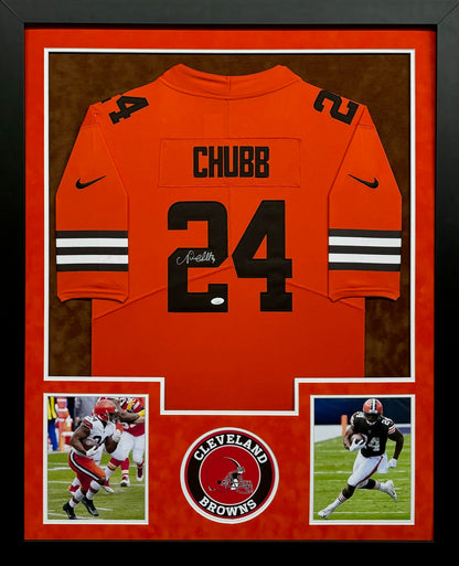 Cleveland Browns Nick Chubb Hand Signed Autographed Authentic Orange Jersey Framed & Double Suede Matted with JSA COA