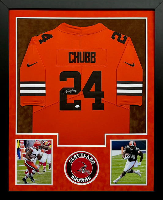 Cleveland Browns Nick Chubb Hand Signed Autographed Authentic Orange Jersey Framed & Double Suede Matted with JSA COA