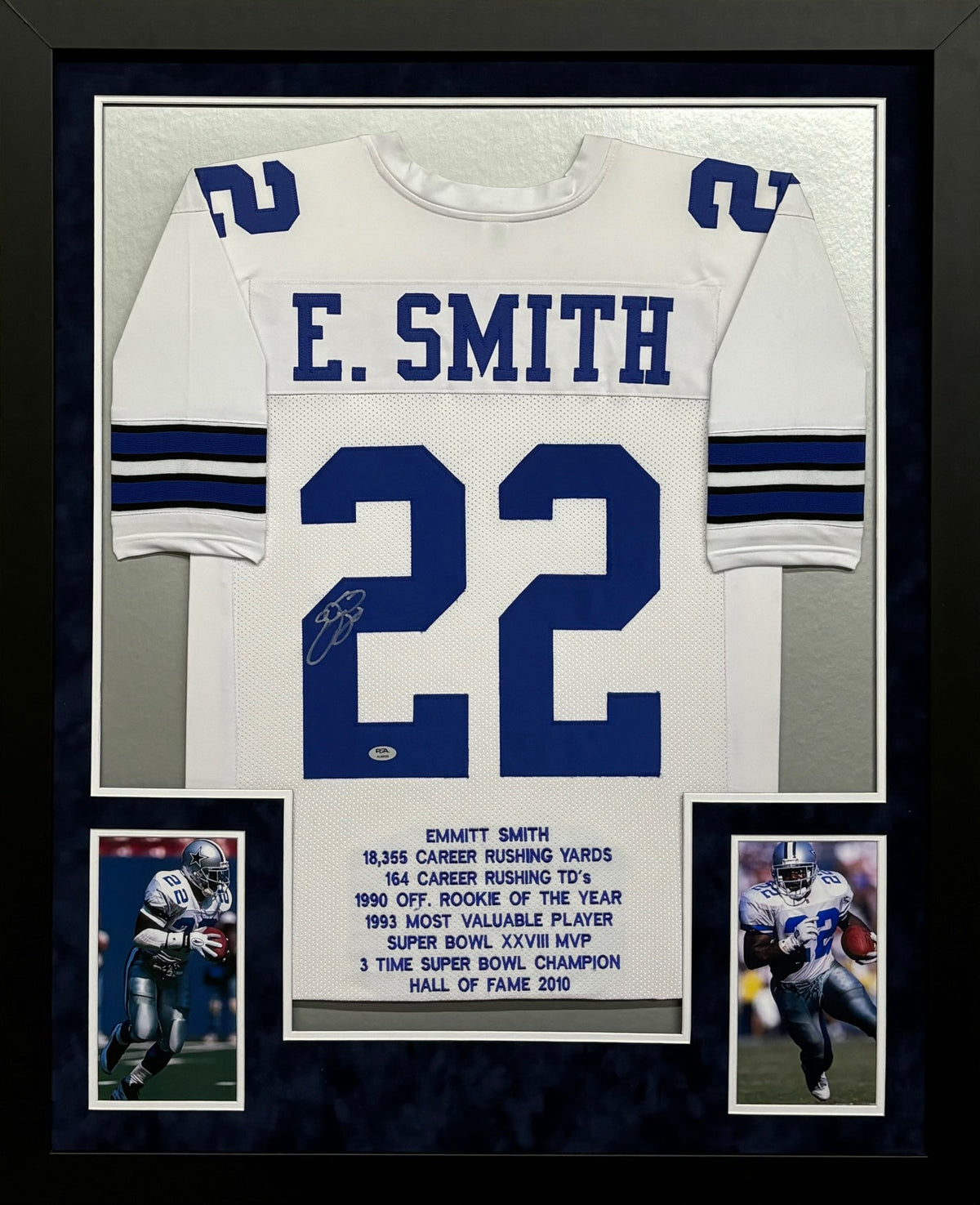 Dallas Cowboys Emmitt Smith Hand Signed Autographed Custom White Stat Jersey Framed & Suede Matted with PSA COA