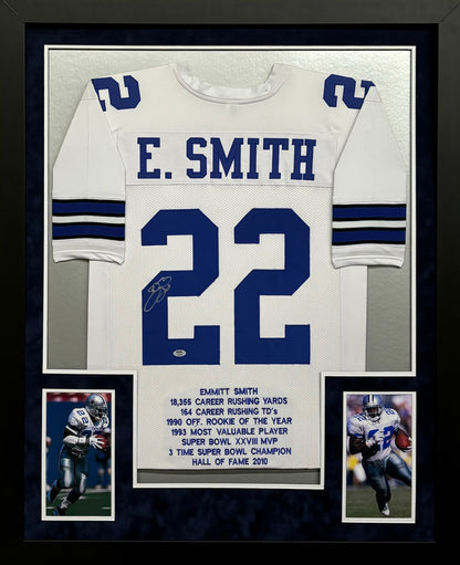 Dallas Cowboys Emmitt Smith Hand Signed Autographed Custom White Stat Jersey Framed & Suede Matted with PSA COA