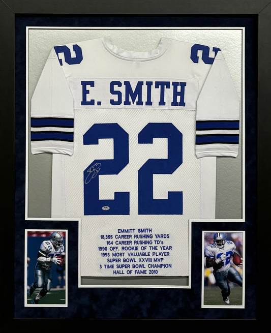 Dallas Cowboys Emmitt Smith Hand Signed Autographed Custom White Stat Jersey Framed & Suede Matted with PSA COA