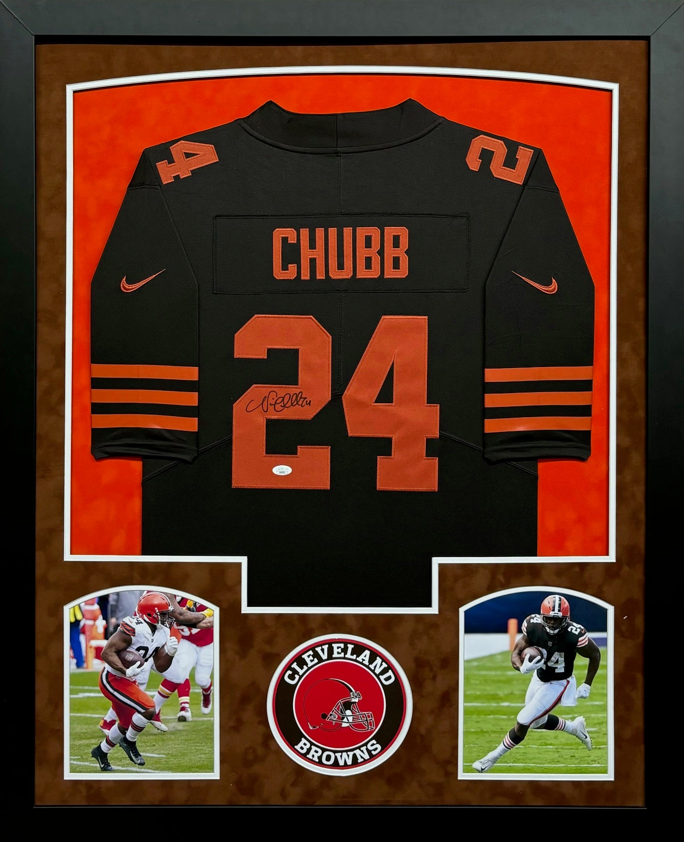 Cleveland Browns Nick Chubb Hand Signed Autographed Authentic Brown Jersey Framed & Double Suede Matted with JSA COA