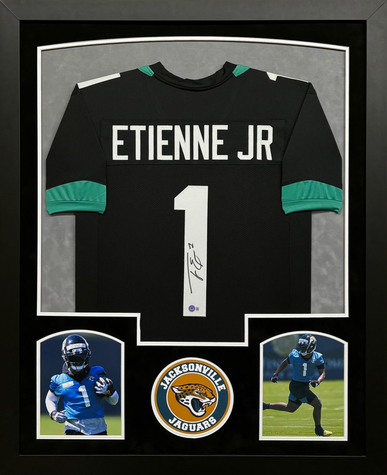 Jacksonville Jaguars Travis Etienne Jr. Hand Signed Autographed Custom Black Jersey Framed & Double Suede Matted with BECKETT COA