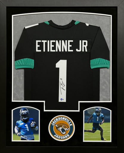 Jacksonville Jaguars Travis Etienne Jr. Hand Signed Autographed Custom Black Jersey Framed & Double Suede Matted with BECKETT COA