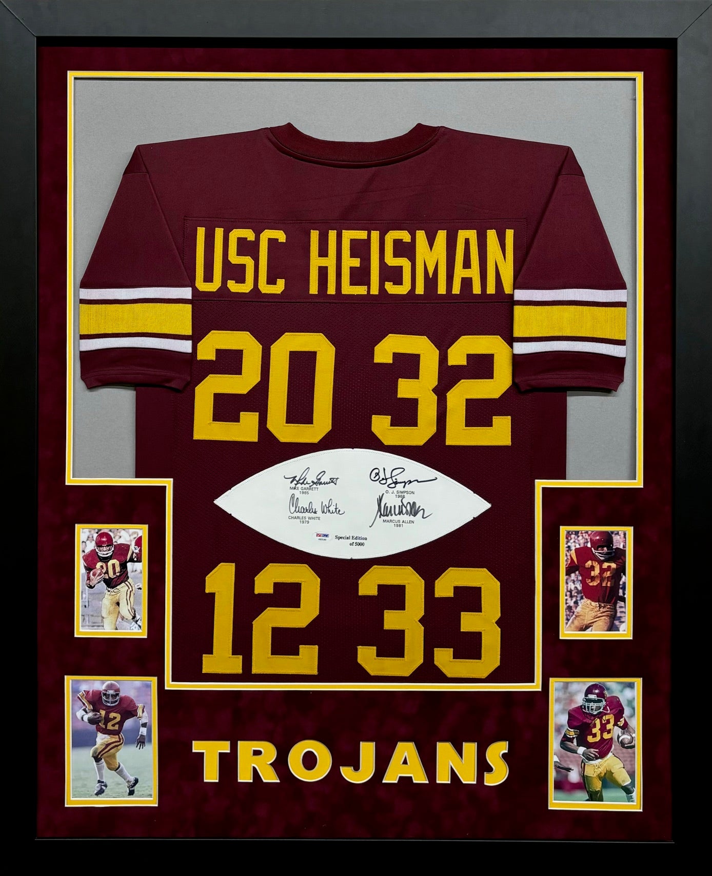 University of Southern California Trojans Mike Garrett, O.J. Simpson, Charles White & Marcus Allen Hand Signed Autographed Special Edition Heisman Jersey Framed & Suede Matted with Team Name Cutout PSA COA