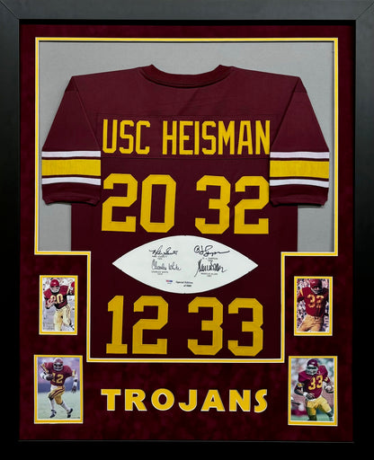 University of Southern California Trojans Mike Garrett, O.J. Simpson, Charles White & Marcus Allen Hand Signed Autographed Special Edition Heisman Jersey Framed & Suede Matted with Team Name Cutout PSA COA