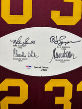 Load image into Gallery viewer, University of Southern California Trojans Mike Garrett, O.J. Simpson, Charles White &amp; Marcus Allen Hand Signed Autographed Special Edition Heisman Jersey Framed &amp; Suede Matted with Team Name Cutout PSA COA