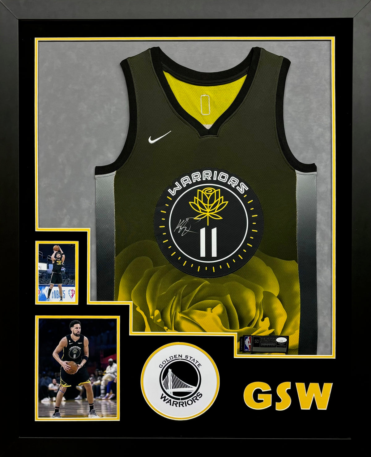 Golden State Warriors Klay Thompson Hand Signed Autographed 2022-23 City Edition Authentic Jersey Framed & Double Suede Matted with Team Name Cutout JSA COA