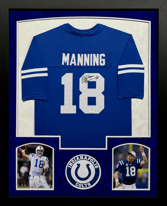 Indianapolis Colts Peyton Manning Hand Signed Autographed Custom Blue Jersey Framed & Double Suede Matted with JSA COA
