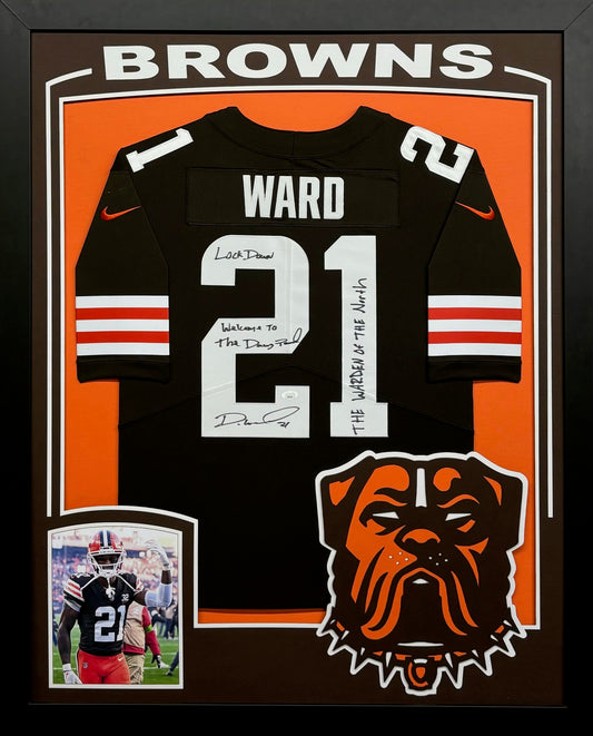 Cleveland Browns Denzel Ward Hand Signed Autographed Custom Brown Jersey with Lock Down, Welcome To The Dawg Pound & THE WARDEN OF THE NORTH Inscriptions Framed & Matted with XL 3D Logo & Team Name Cutout JSA COA
