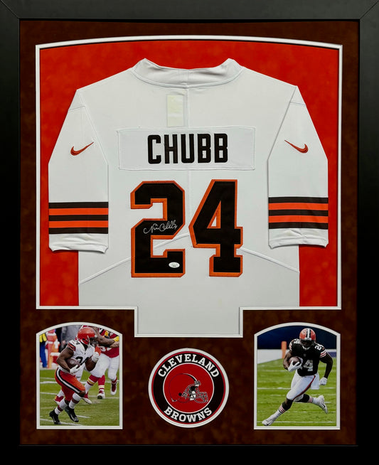 Cleveland Browns Nick Chubb Hand Signed Autographed Authentic White Jersey Framed & Double Suede Matted with JSA COA