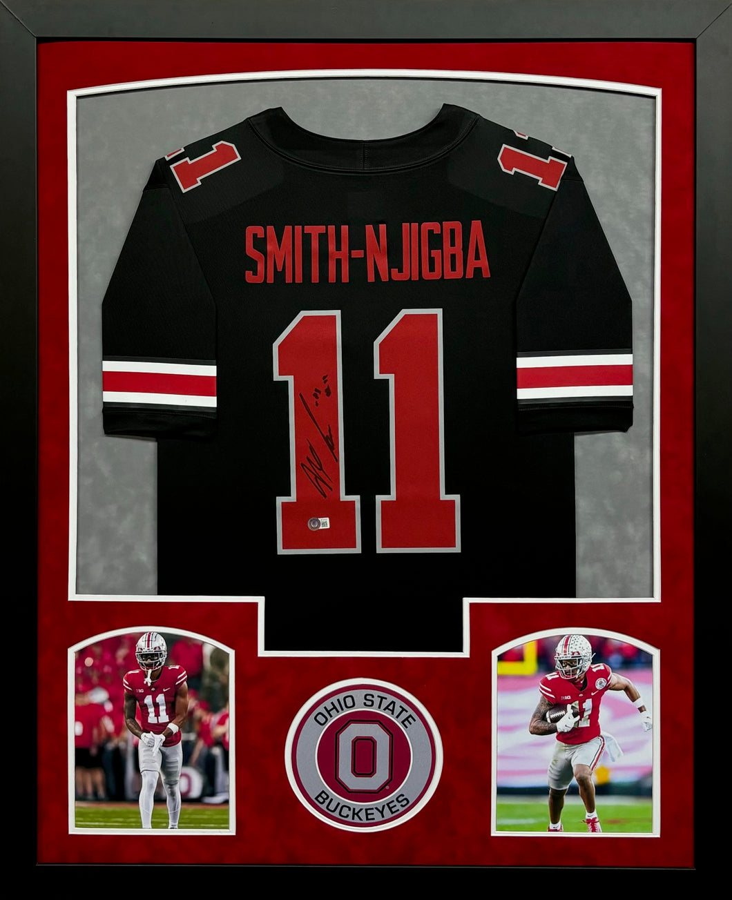 The Ohio State University Jaxon Smith-Njigba Hand Signed Autographed Custom Black Jersey Framed & Double Suede Matted with BECKETT COA